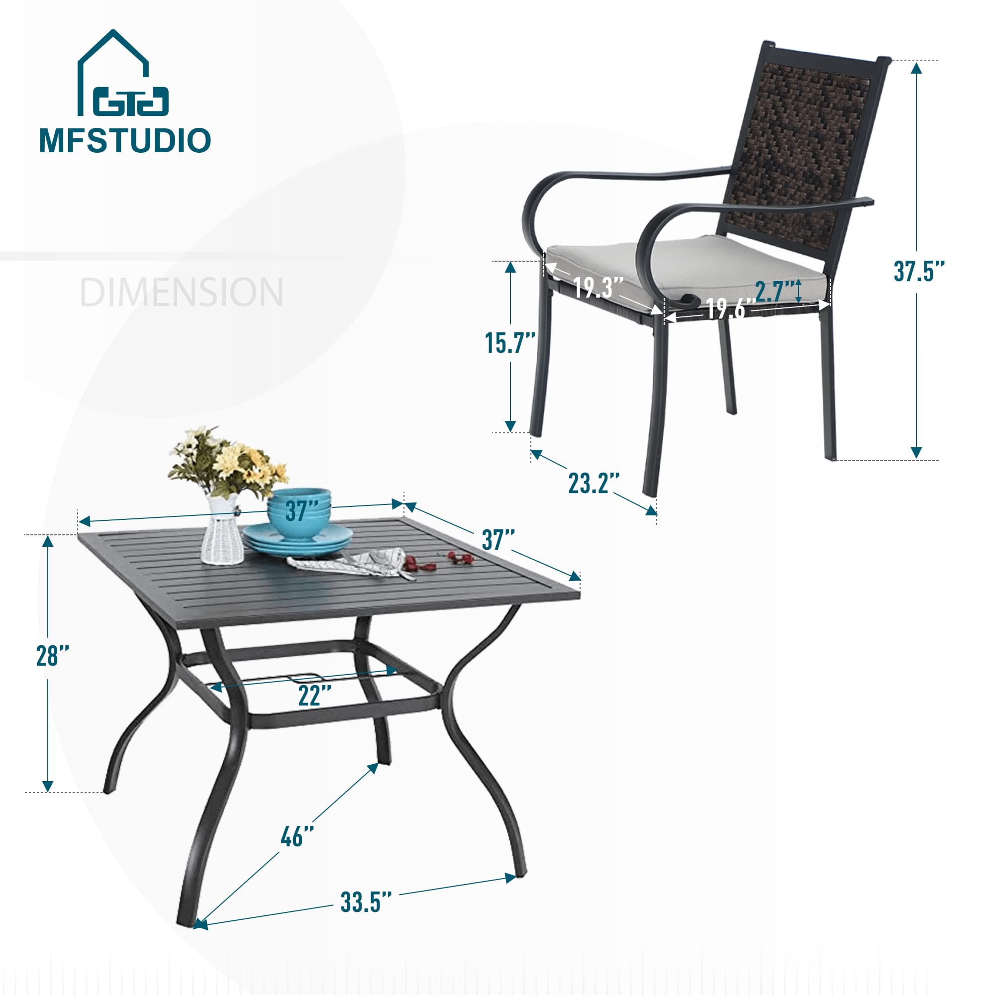 MFSTUDIO 5-Piece Outdoor Patio Dining Set - Black Metal Square Table with 4 Rattan Chairs & 1.57