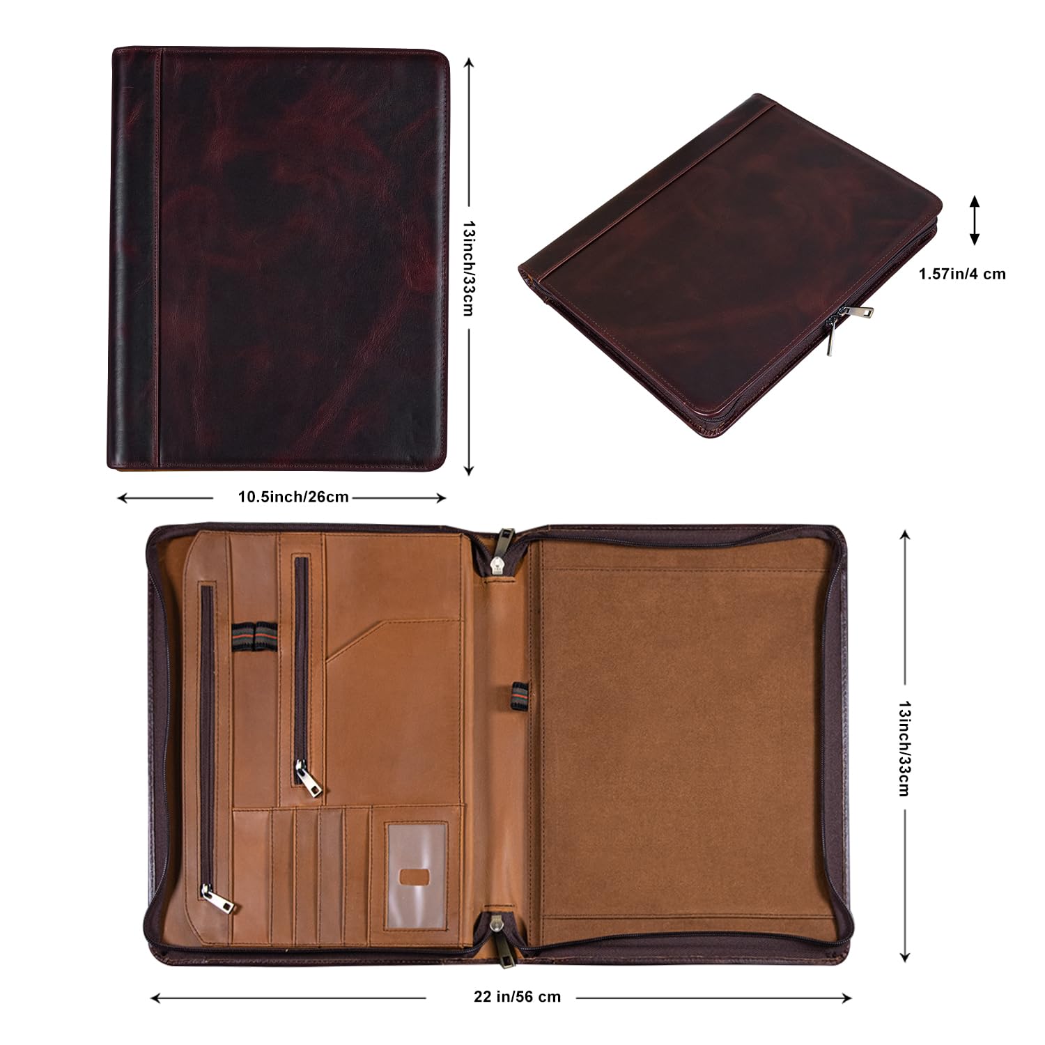 Premium Leather Business Portfolio - Professional Zippered Folio Folder for Resume & Legal Pad | A4 Notebook Organizer | Oil Wax Finish | Ideal Office Gift for Men & Business Professionals | Perfect for Job Interviews, Client Meetings & Corporate Events