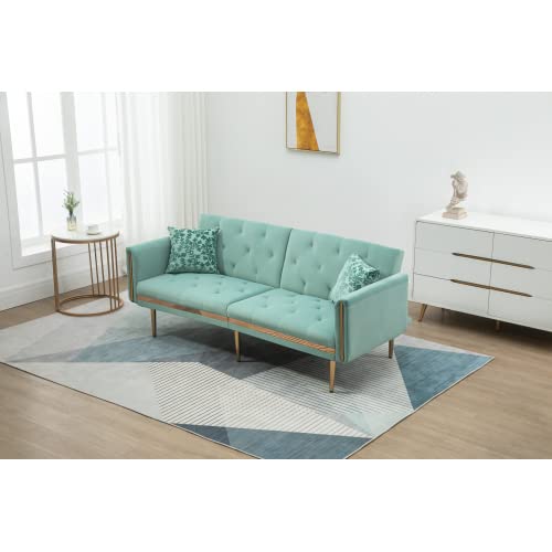 Convertible Futon Couch Bed with Soft Velvet Upholstery & Durable Metal Legs - Tufted Reclining Sleeper Sofa Set for Living Room, Bedroom & Office - Includes 2 Pillows (Mint Green) | Perfect for Small Spaces, Guest Rooms & Studio Apartments