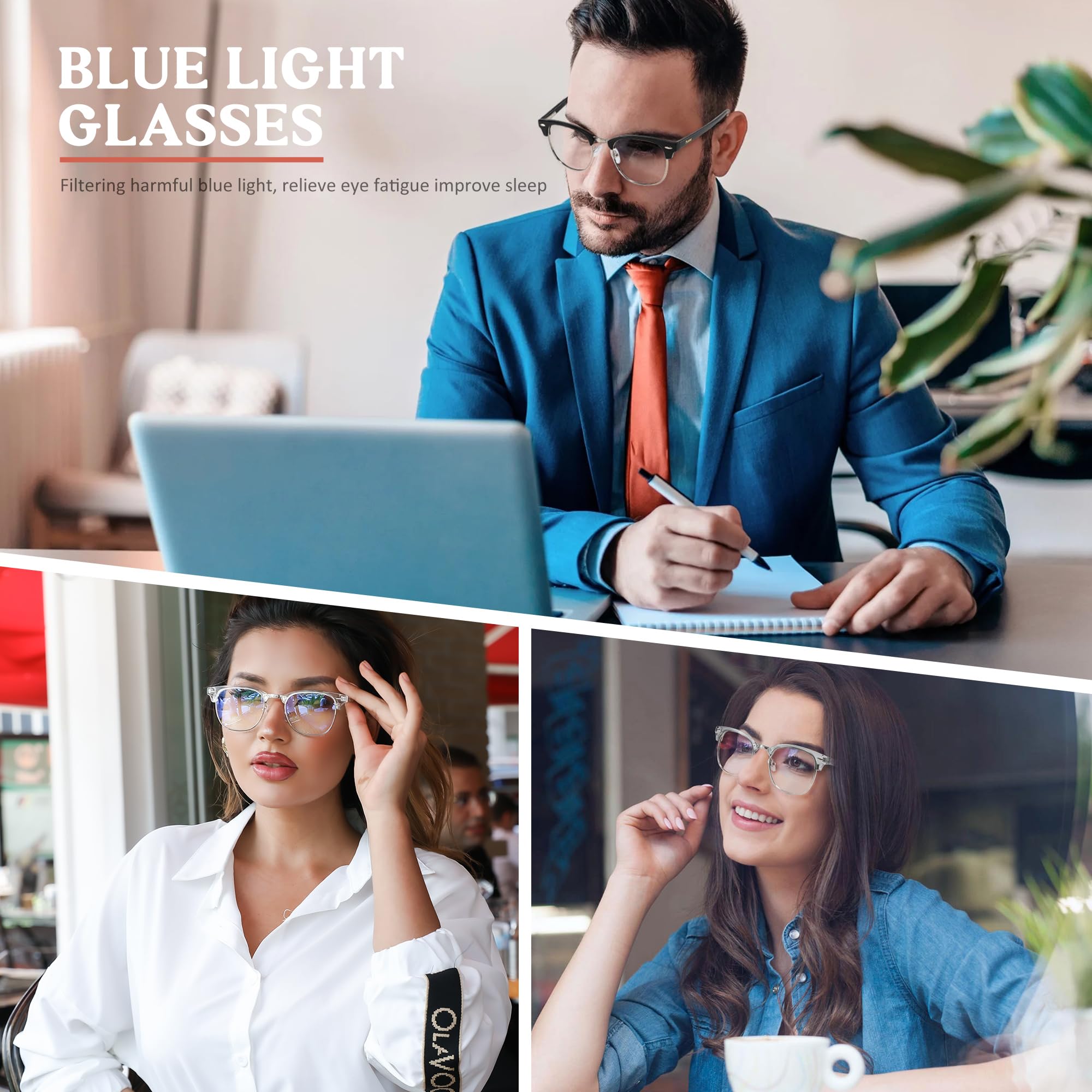 Blue Light Blocking Glasses for Men & Women - UV400 Protection Computer Eyewear - Retro Round Semi-Rimless Design - 3-Pack (Black, Grey, Transparent) - Reduce Eye Strain for Work, Gaming & Screen Time