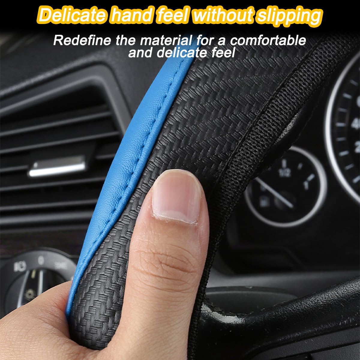 7PCS Car Accessories Set - Carbon Fiber Leather Steering Wheel Cover, Shift Knob Cover, Armrest Cushion & Bling Coaster - Universal Auto Interior Protector Kit (Blue) | Perfect for Sedans, SUVs & Trucks | Enhances Comfort & Style While Driving