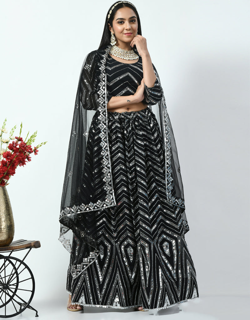 Elegant Black Faux Georgette Lehenga Choli Set for Women - Indian Wedding Outfit, Party Wear & Festive Occasions