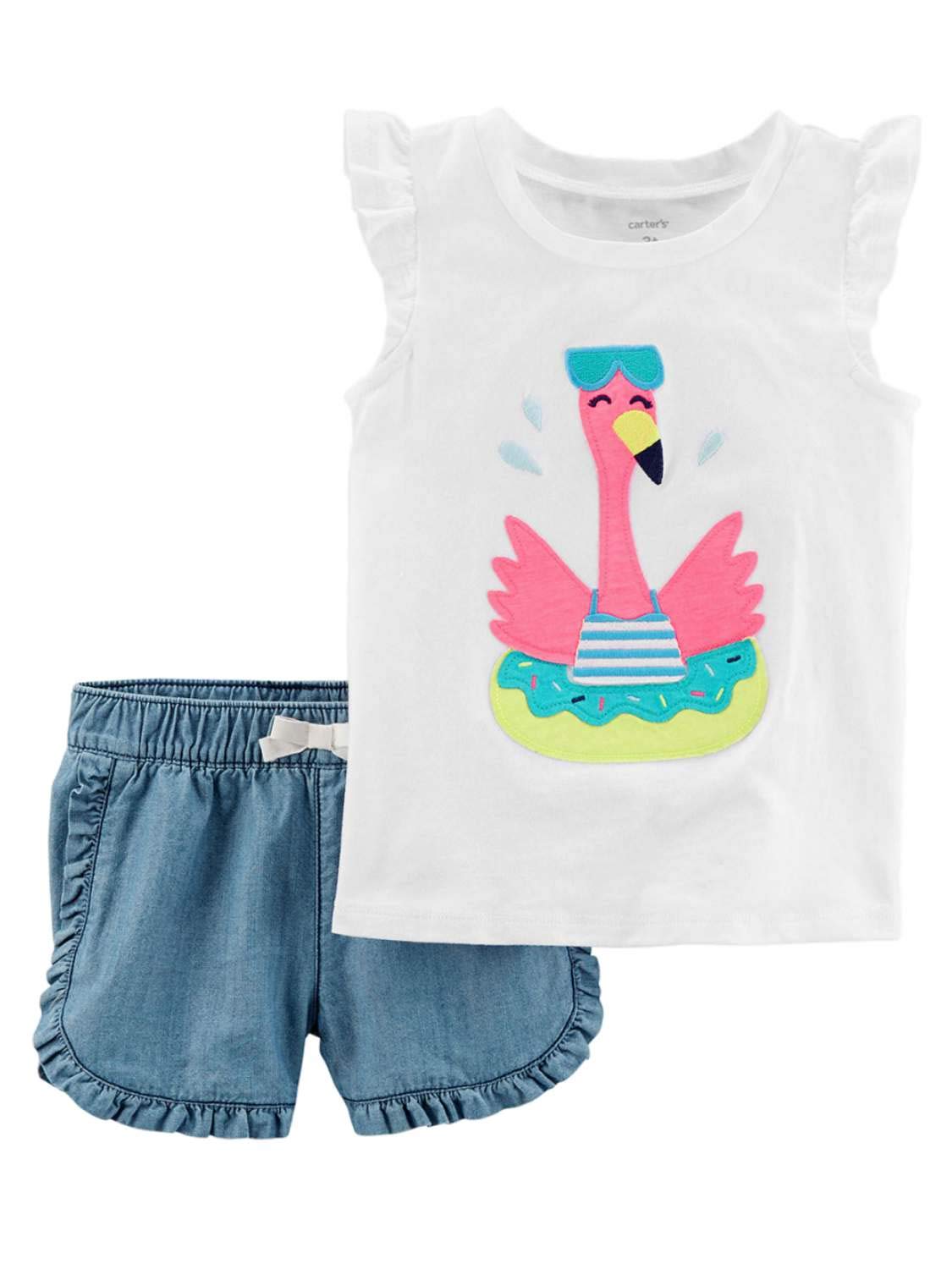 Carters Baby Girl Pink Flamingo Bird Print T-Shirt & Chambray Shorts Set - Cute Summer Outfit for Infants, Toddler Playdate & Photo Shoot