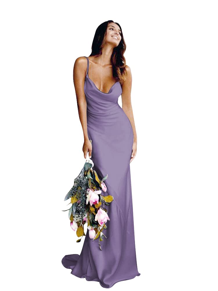 Elegant Spaghetti Strap Satin Wedding Dress with V-Neck & Mermaid Hem - Customizable Wisteria Bridesmaid & Prom Gown for Women | Perfect for Beach Weddings, Formal Events & Evening Parties