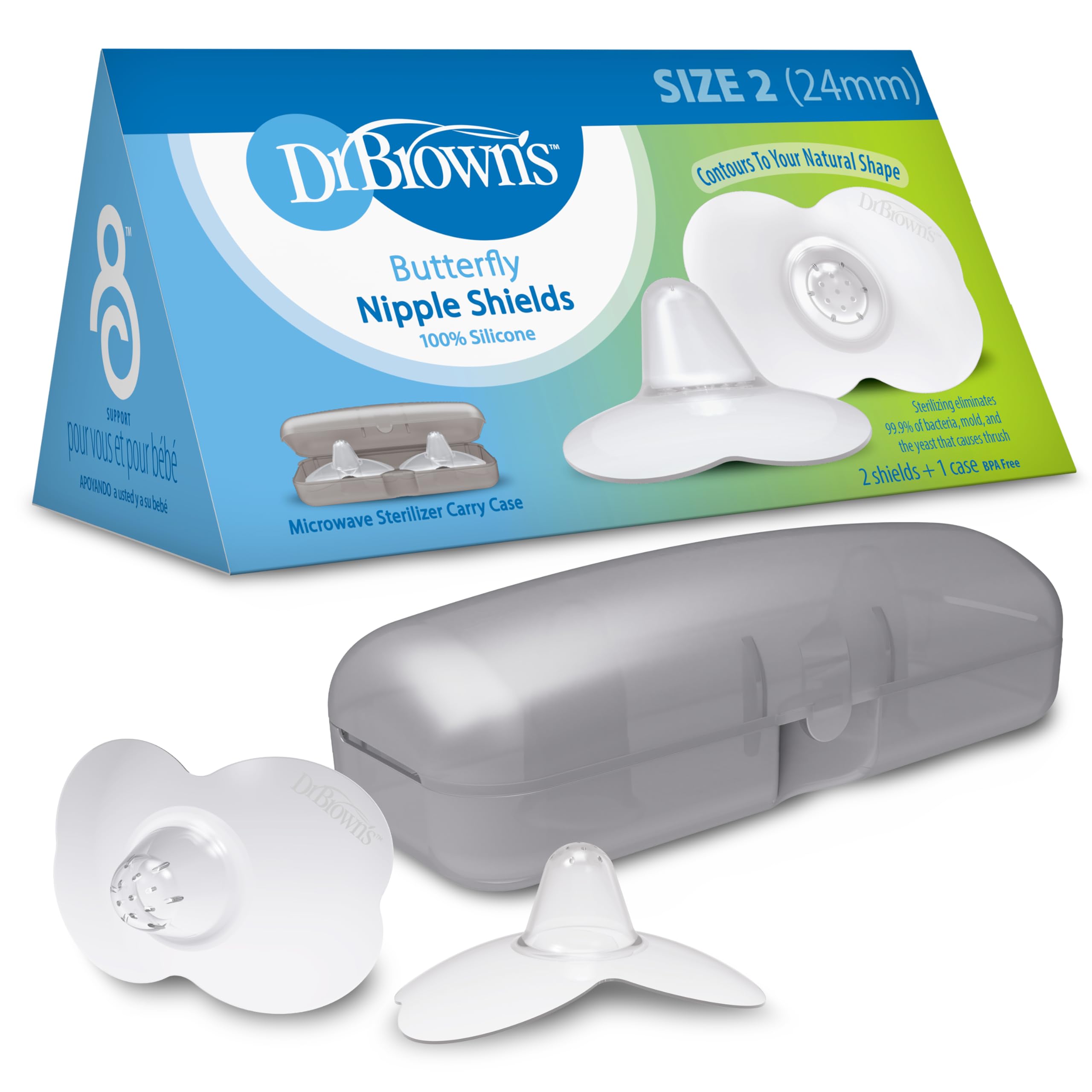 **Dr. Brown's Butterfly Breastfeeding Nipple Shields – Size 2 (24mm) for Sore, Flat, or Inverted Nipples – Helps with Latching Difficulties – Includes Microwave Sterilizer Carrying Case – Perfect for Nursing Moms at Home or On-the-Go**