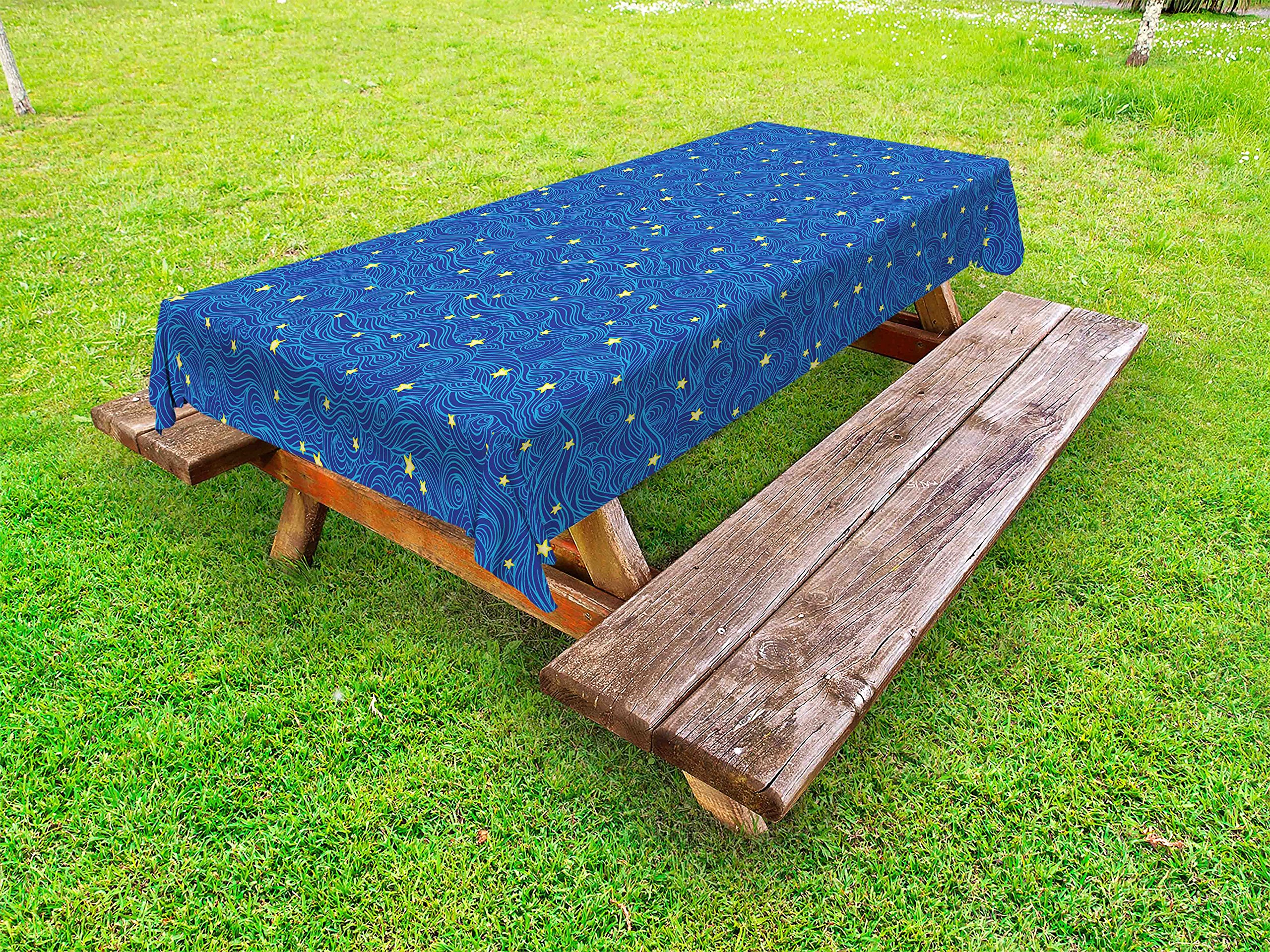 Ambesonne Starry Night Outdoor Tablecloth - Galaxy Themed with Stars, Clouds & Heavenly Bodies - Washable Picnic Table Cover 58x84 Inches in Blue, Yellow & Dark Blue - Perfect for Backyard BBQs, Camping & Outdoor Parties