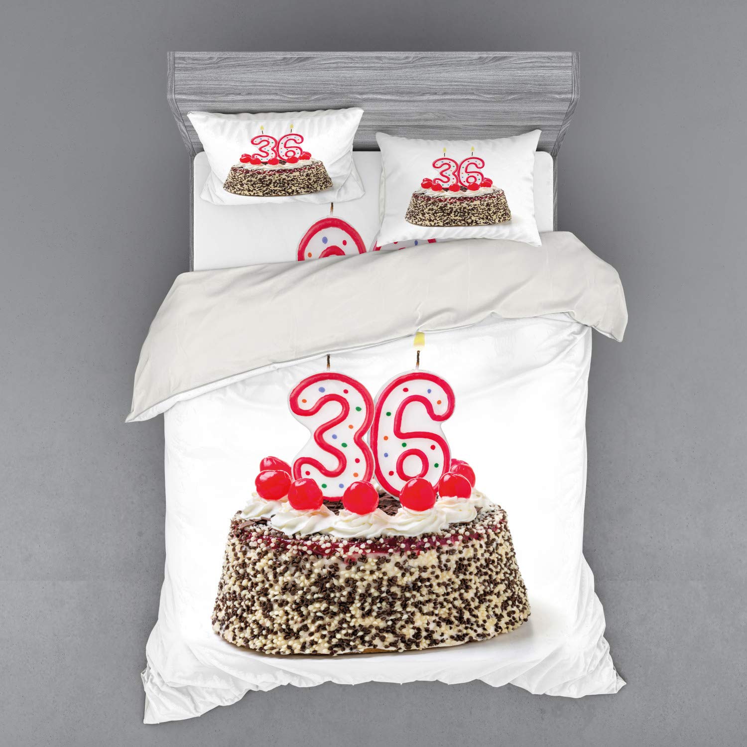 Ambesonne 36th Birthday Bedding Set - Queen Size 4-Piece Duvet Cover with Shams & Fitted Sheet - Colorful Cake with Candles & Sprinkles Print - Perfect for Birthday Party Decorations & Gift Ideas