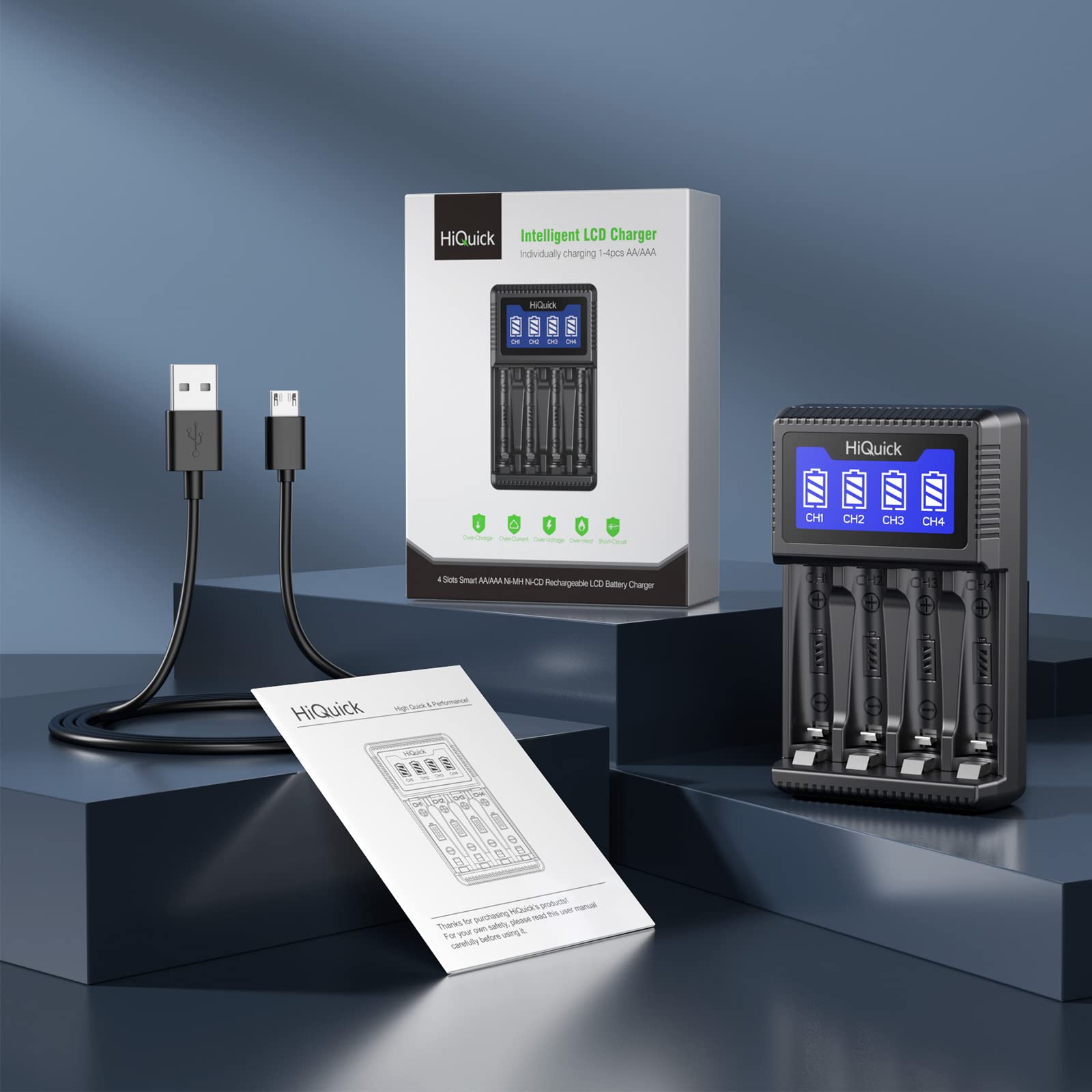HiQuick 4 Bay AA AAA Battery Charger with Smart LCD Display - Fast USB Charging for NiMH NiCD Rechargeable Batteries (1.2V AA/AAA) - Perfect for Home, Office, Travel & Emergency Kits (USB Cable Included)