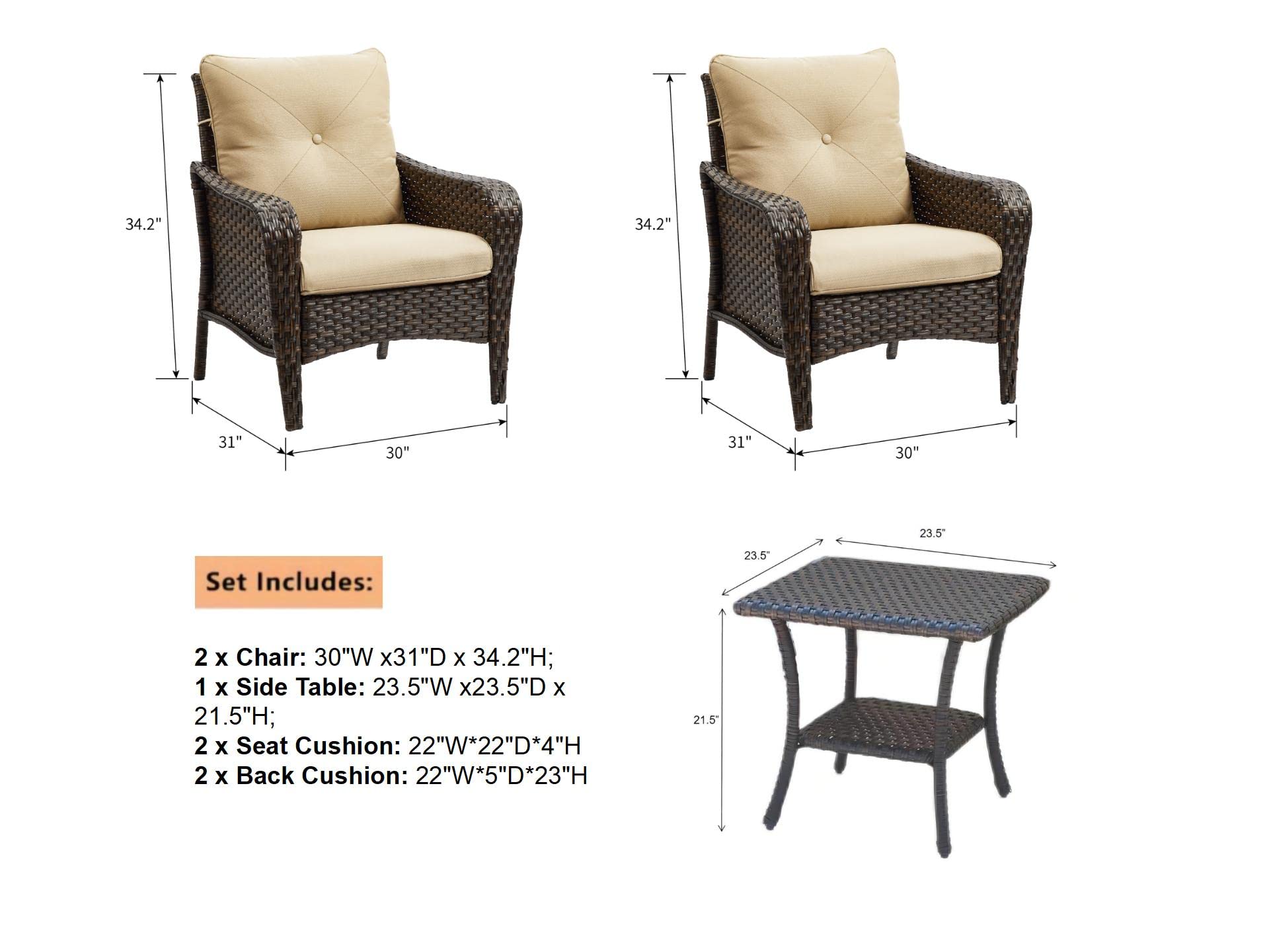 HUMMUH Outdoor Wicker Patio Chairs Set of 2 with Side Table - PE Rattan Bistro Table and Chairs for Yard, Backyard, Lawn, Porch - Perfect for Garden Dining, Poolside Relaxation & Outdoor Entertaining