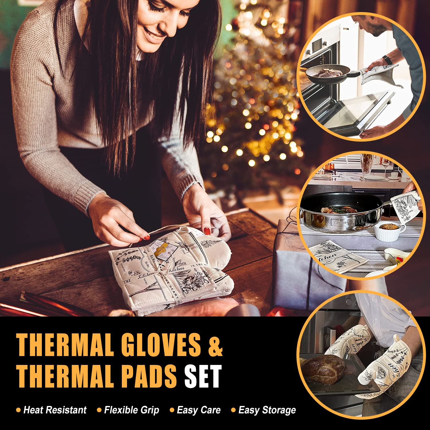 4PCS Beige Oven Mitt Set - 100% Cotton Heat Resistant Kitchen Gloves & Pot Holders for Baking, Cooking, and Grilling