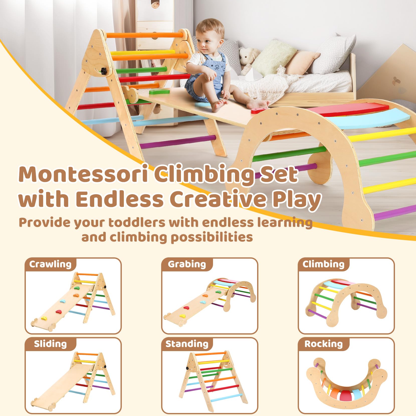 YOLEO 7-in-1 Foldable Pikler Triangle Set - Large Montessori Wooden Climbing Toys for Toddlers Ages 1-3 | Indoor Playground & Jungle Gym Playset with Rainbow Arch | Perfect for Home Playrooms, Daycares & Montessori Classrooms