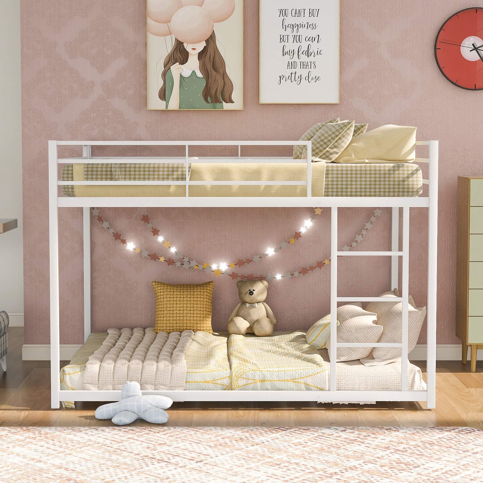 Danxee Low Bunk Bed with Ladder - Heavy Duty Metal Bunk Bed Frame with Safety Guard Rails & Flat Ladder for Kids, Teens & Adults - Full Over Full Size - Perfect for Small Spaces, Dorms, Guest Rooms & Kids' Bedrooms (White)