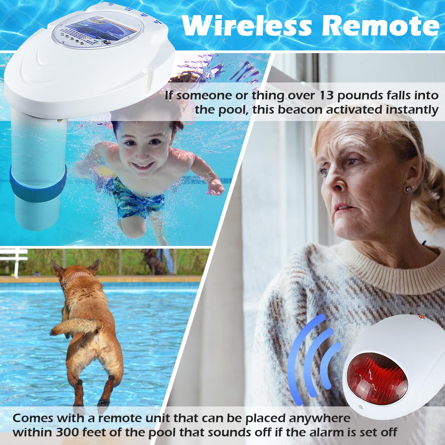 Wireless Pool Alarm for Inground & Above Ground Pools - Water Motion Sensor & Immersion Safety Alarm System with Remote Receiver | FCC-Compliant for Kids & Pets Safety | Perfect for Backyard, Vacation Homes & Community Pools