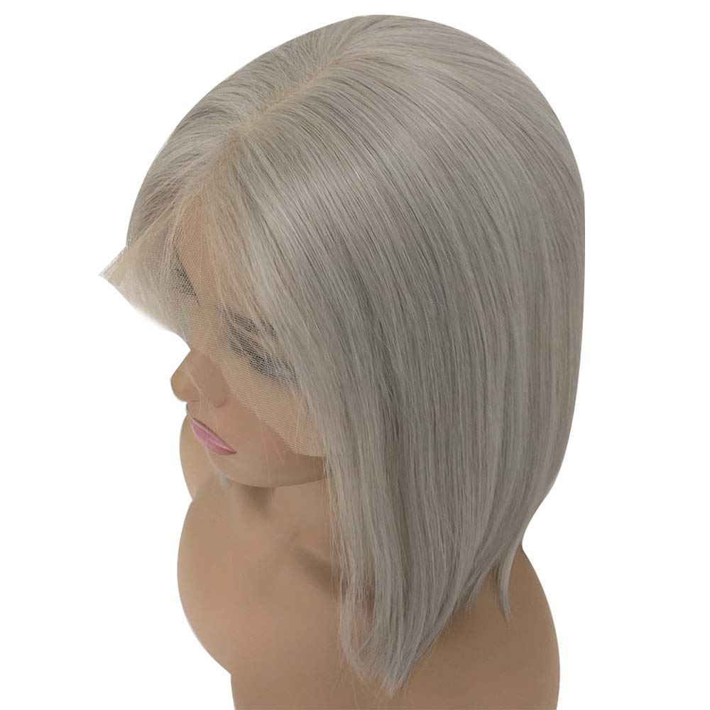 13x6 Grey Short Bob Wigs with Deep Part | Brazilian Virgin Human Hair Lace Front Wig | Glueless Pre-Plucked Bleached Knots | 150% Density Straight Colored Bob Wig with Baby Hair | Perfect for Cosplay, Daily Wear & Fashion Styling