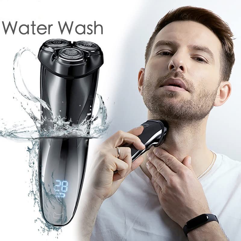 Men's Electric Razor with LCD Power Display - Rechargeable IPX7 Waterproof Shaver for Wet/Dry Use - Full Body Washable Black Electric Razor for Travel, Gym & Daily Shaving