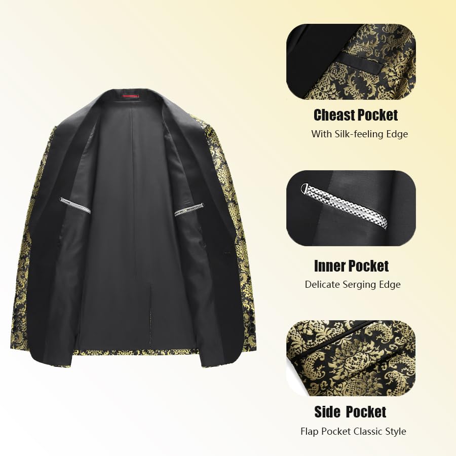 Rogers & Morris Men's Floral Tuxedo Suit Set - 2 Piece Formal Suit with Jacket & Black Pants for Weddings, Prom, Gala & Special Occasions