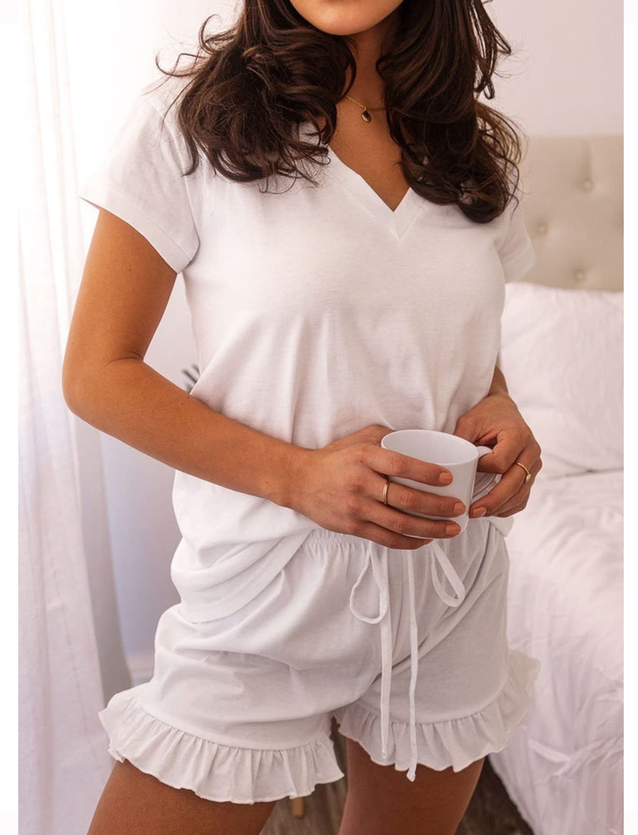 LuckyMore Women's Soft Short Sleeve V-Neck Pajama Set - Breathable Lounge Sleepwear with Comfortable Shorts for Summer Nights & Relaxing at Home