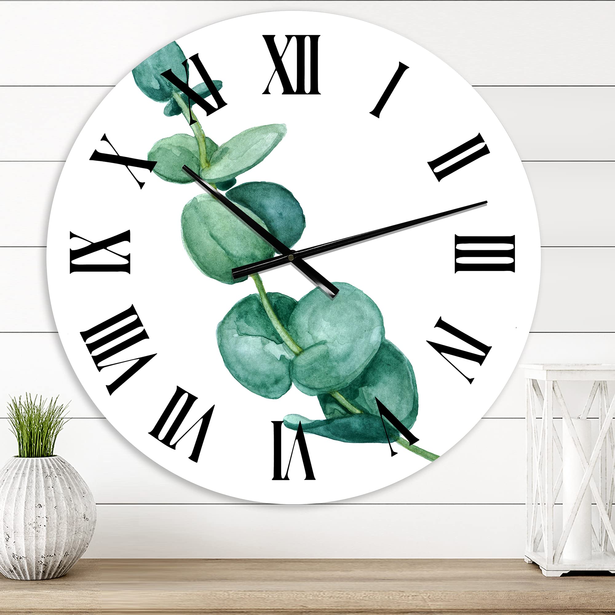Large Floral & Botanical Wall Clock - 'Young Eucalyptus Leaves and Branches II' Traditional Decor for Living Room, Bedroom, Office | Home & Office Décor
