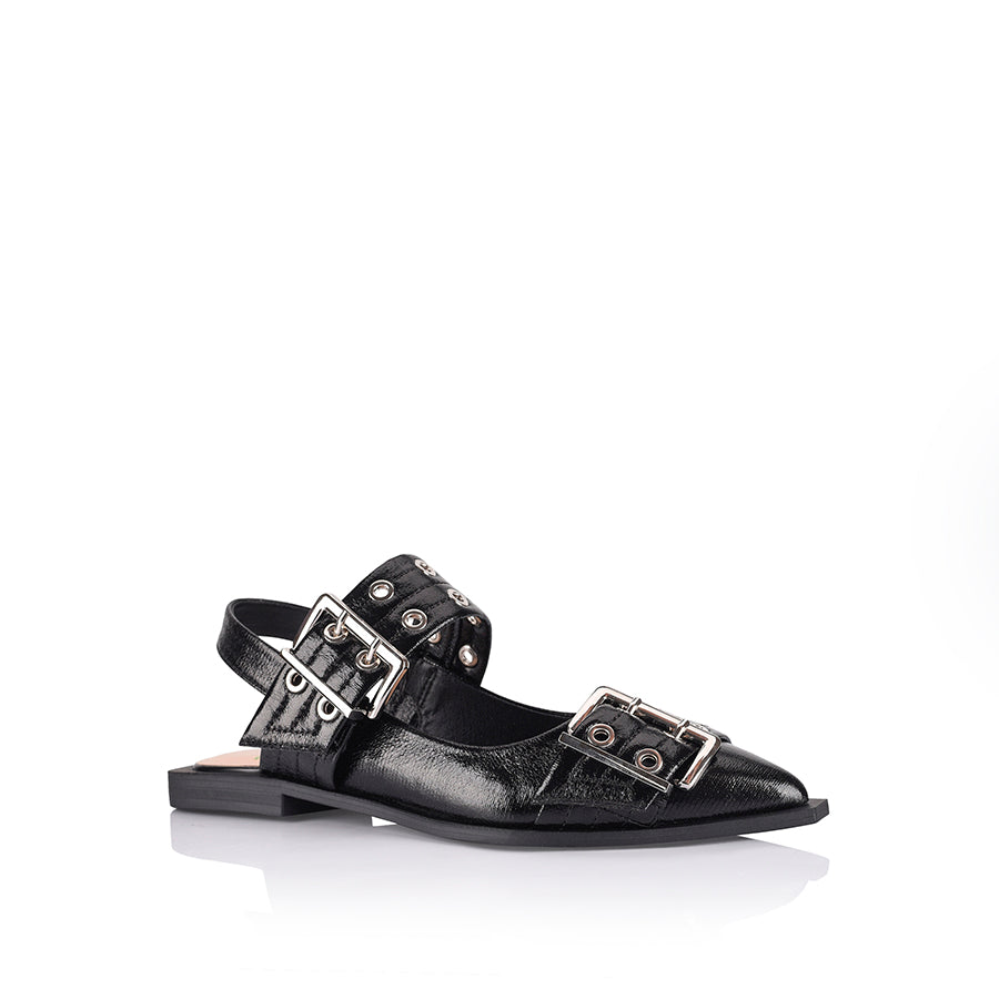 Clea Slingback Buckle Flats - Black Crinkle Leather Women's Shoes | Comfortable & Stylish for Work, Office & Casual Outfits
