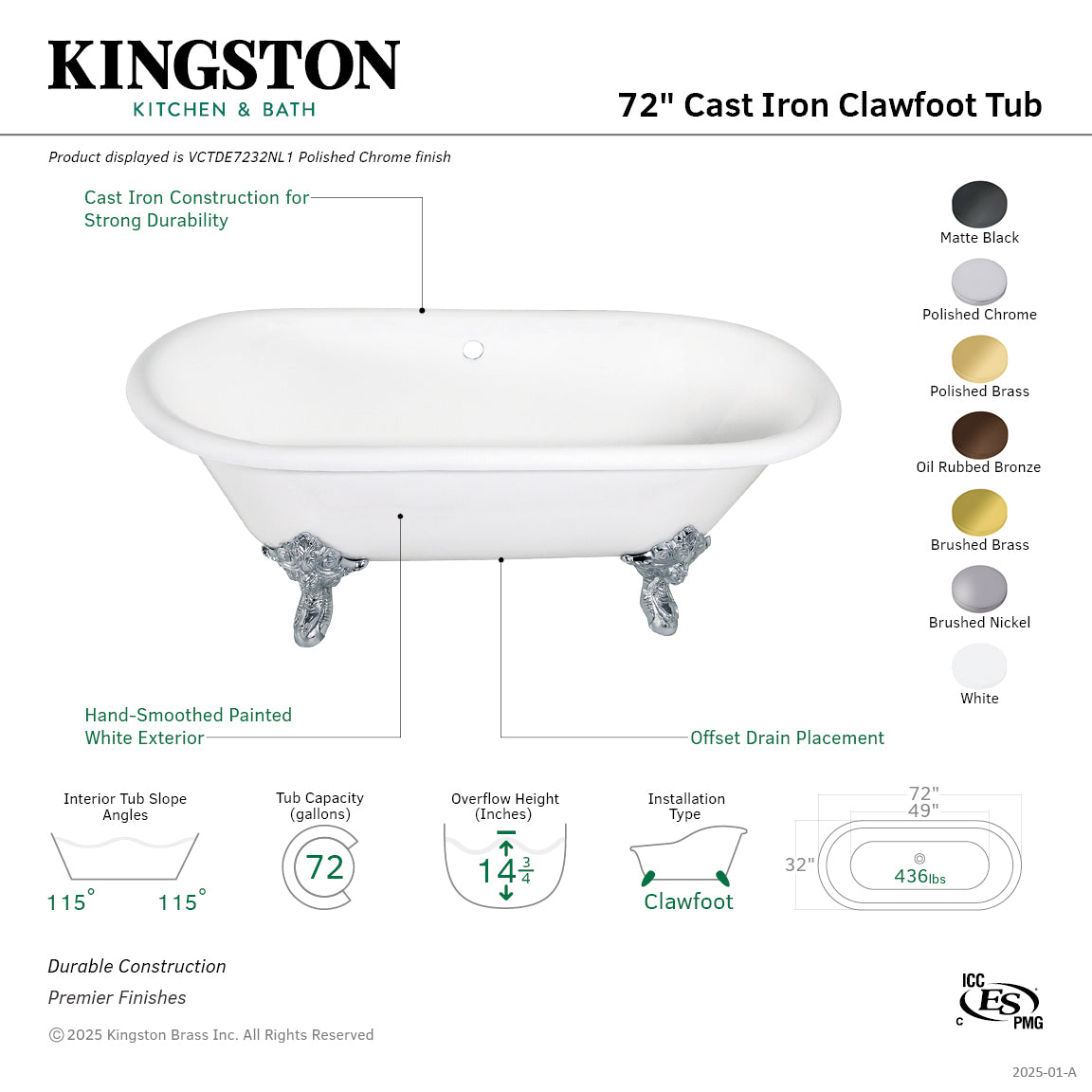 72 Inch White Cast Iron Clawfoot Bathtub - Oval Double Ended Freestanding Soaking Tub with Polished Chrome Feet (No Faucet Drillings) | Vintage Bathroom Decor, Spa Relaxation at Home