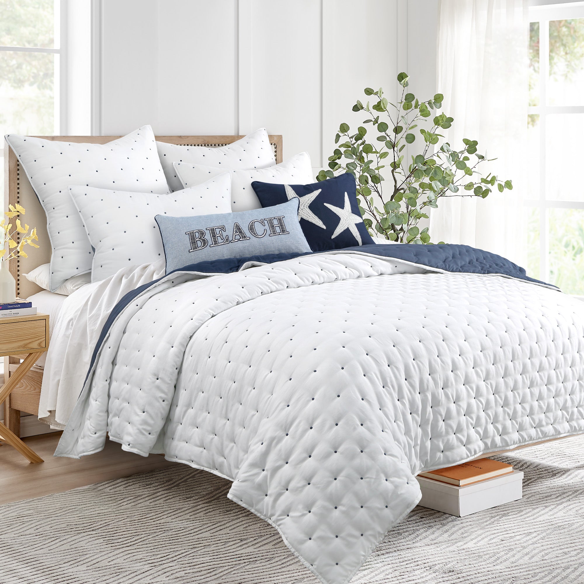 Embroidered Swiss Dot Navy Quilt Set - Queen Size 3-Piece Bedding Set with Pillow Shams - Soft & Breathable Cotton Quilt for Cozy Bedroom Decor
