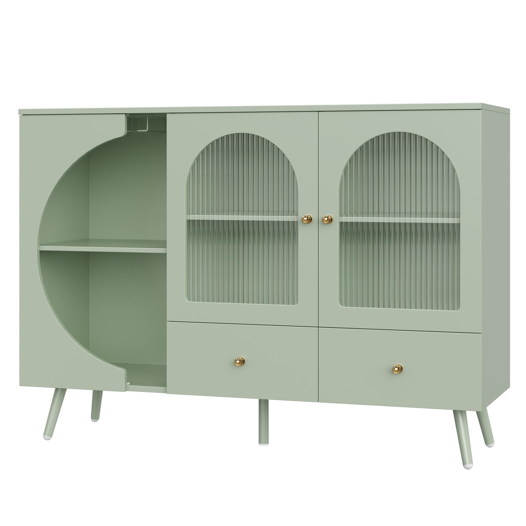 Coffee Bar Cabinet with 2 Drawers & Fluted Glass Door, Modern Buffet Sideboard for Kitchen & Living Room, Stylish Wine Bar Storage Solution, Green - Perfect for Entertaining & Home Decor