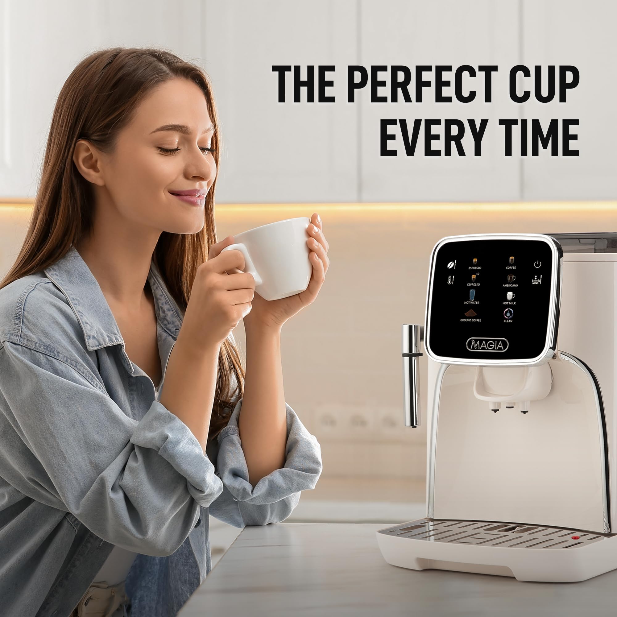 Zulay Kitchen Magia Clasica Fully Automatic Espresso Machine with Built-in Grinder - Touch Screen Coffee Maker for Latte, Cappuccino & Macchiato - One-Touch Operation & Milk Frother - Cream Silver - Perfect for Home, Office & Coffee Shops