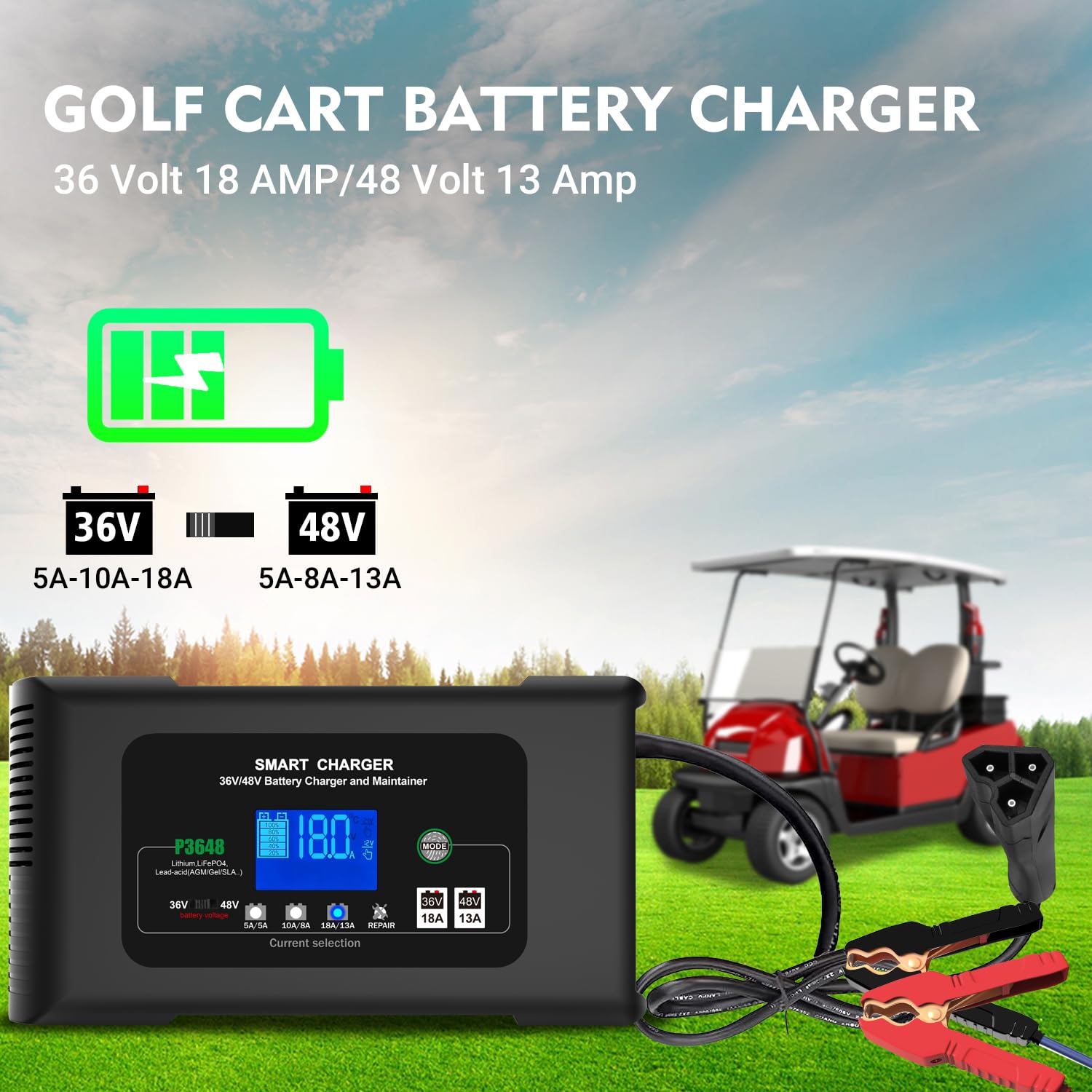 48V 13A & 36V 18A Smart Golf Cart Battery Charger for EZGO RXV & TXT - Compatible with Lithium, LiFePO4, Lead-Acid AGM/Gel/SLA Batteries - 3-Pin Delta-Q Connector - Perfect for Home, Golf Course & RV Use