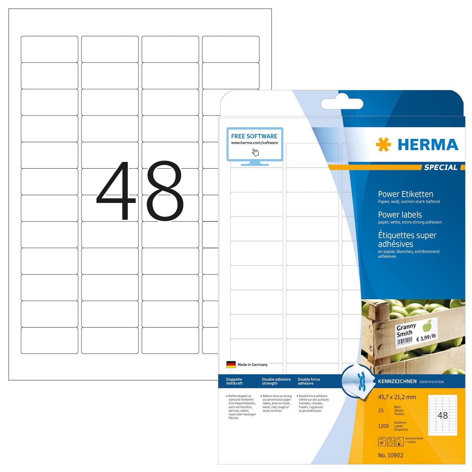 HERMA 10902 Extra Strong Adhesive Labels - 1200 Blank White Heavy Duty Stickers (45.7 x 21.2mm), 48 Labels per A4 Sheet, 25 Sheets - Compatible with Laser & Inkjet Printers - Perfect for Shipping, Packaging, Mailing & Inventory Organization