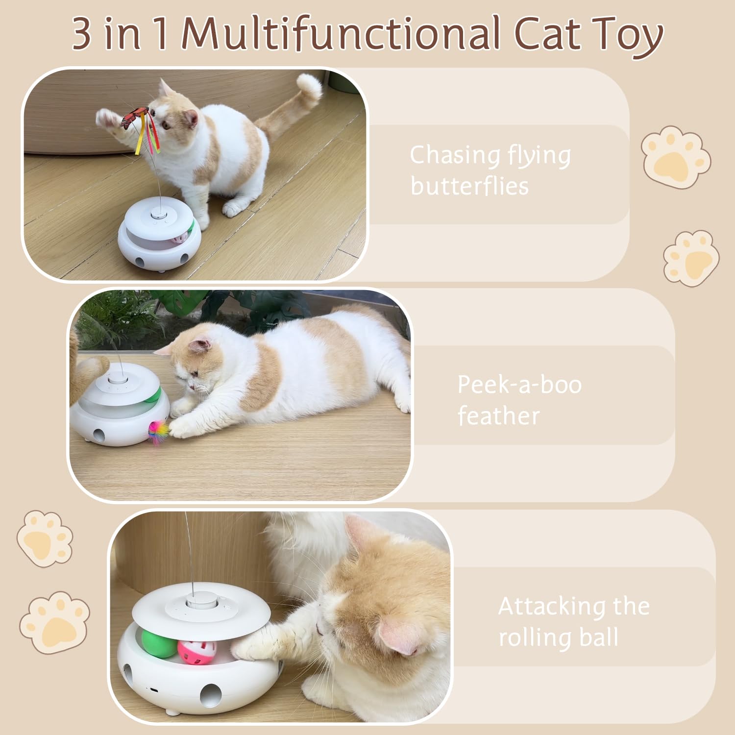 Interactive Cat Toys for Indoor Cats - 3-in-1 USB Rechargeable Electric Kitten Toy with Ambush Feather, Fluttering Butterfly & Track Balls - Exercise & Play for Active Cats - Perfect for Playtime, Training & Bonding with Your Feline Friend