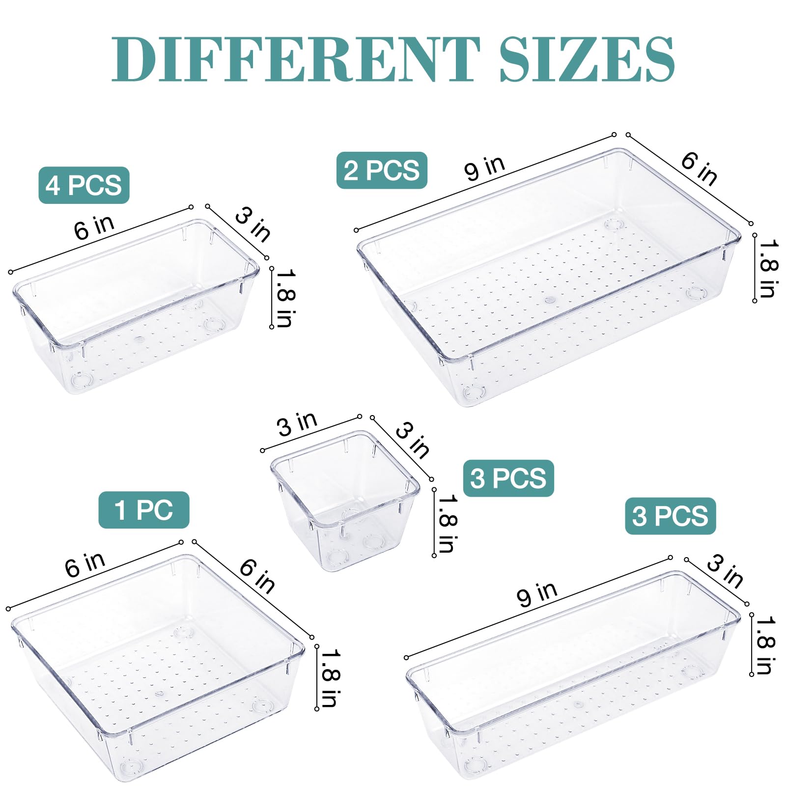 13-Piece Clear Drawer Organizer Set - 5 Sizes Bathroom & Kitchen Cabinet Storage Trays for Makeup, Jewelry, Utensils, Gadgets - Perfect for Home, Office, and Travel Organization