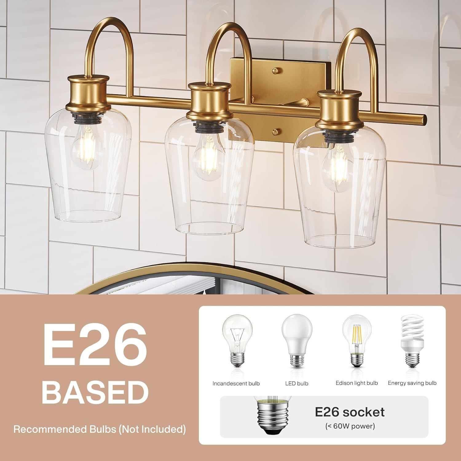 3-Light Vanity Light Fixture with Clear Glass Shade - Modern Bathroom Lighting for Mirror, Makeup Area & Dressing Room