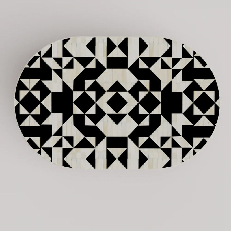 Handmade Bone Inlay Oval Coffee Table with Striped Design - Black Wooden Accent Table for Living Room, Boho Home Decor & Modern Interior Design