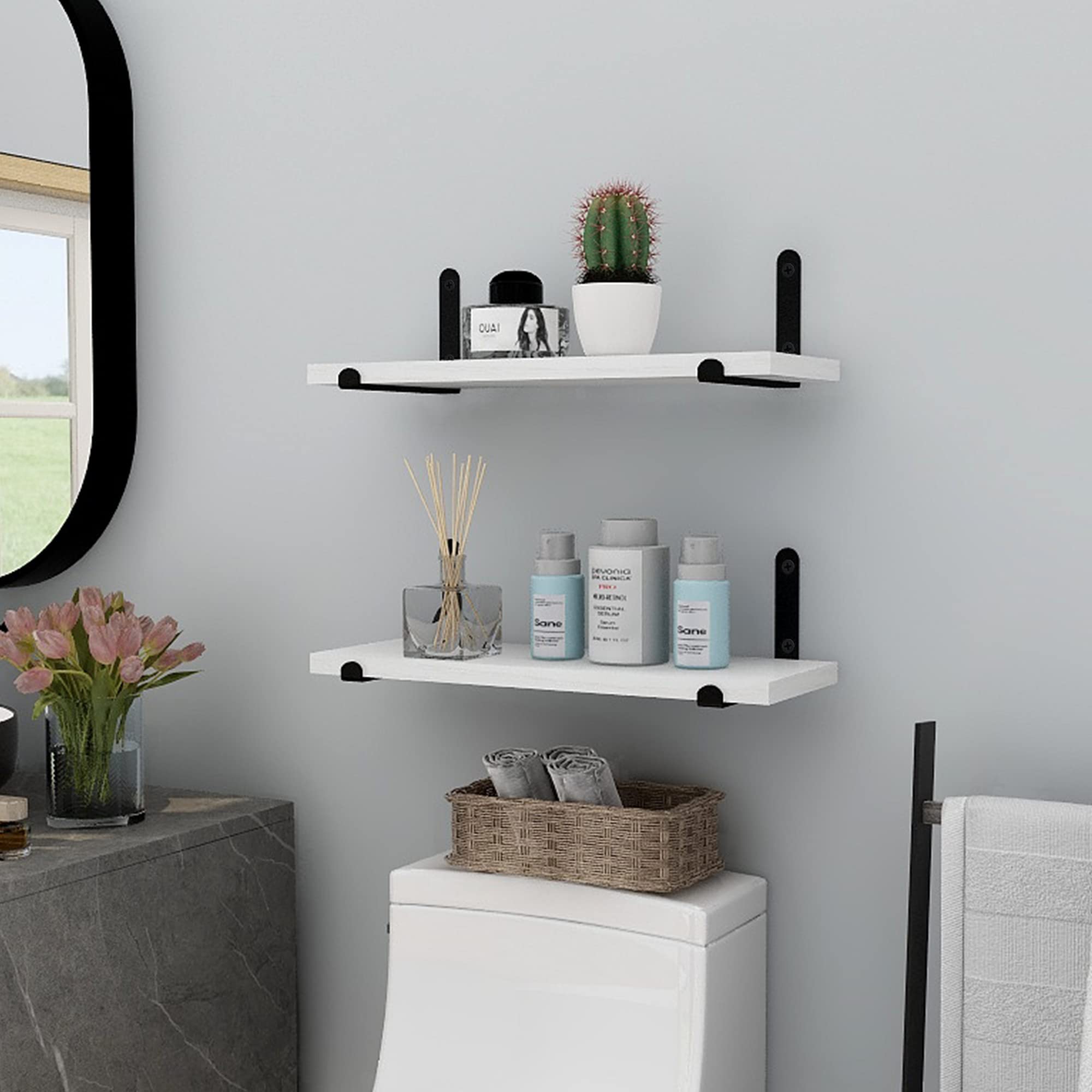 White Floating Shelves Set of 2 - Modern Over Toilet Bathroom Organizer & Wall Mounted Storage Shelf with Black Brackets - Neutral Wooden Decorative Shelves for Living Room, Kitchen, Bedroom & Office Organization