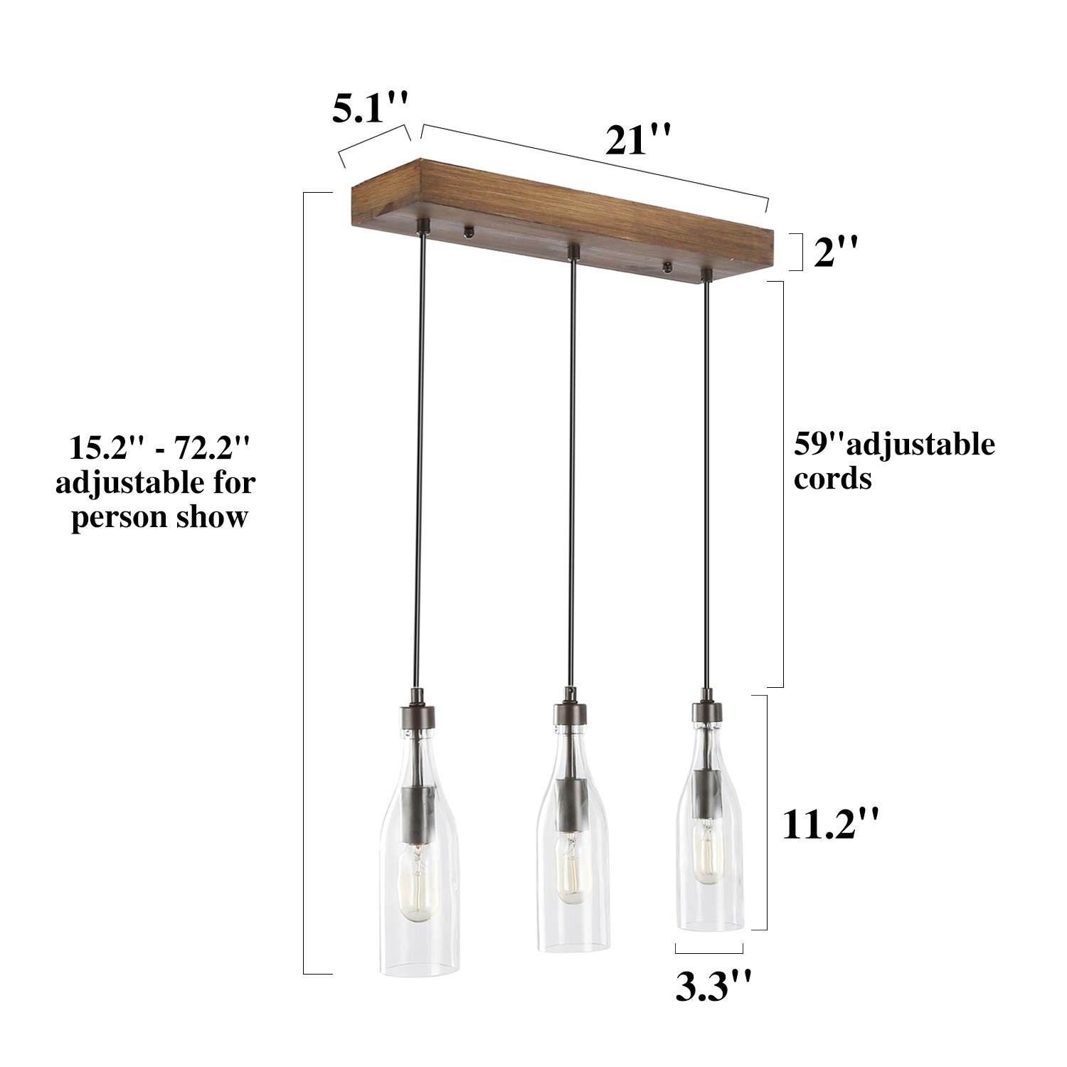 LNC Wooden Pendant Lights - Adjustable 3-Height Clear Glass Bottle Chandelier for Kitchen Island, Dining Room, Bar & Farmhouse Decor