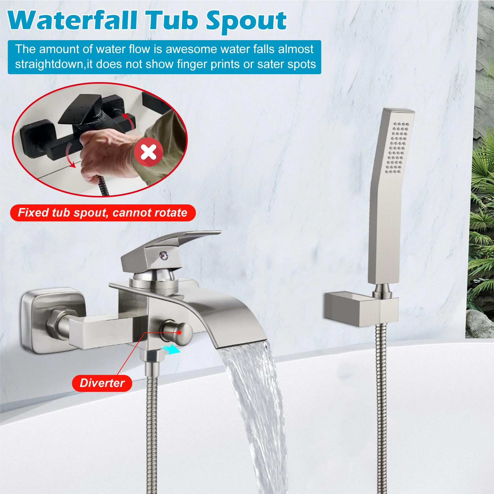 Midanya Wall Mount Bathtub Faucet with Handheld Shower - Brushed Nickel Single Handle Waterfall Tub Filler - Commercial Grade Bathroom Mixer Tap with Curved Spout & Hand-Shower System | Perfect for Spa-Like Bathing Experience & Modern Bathroom Decor