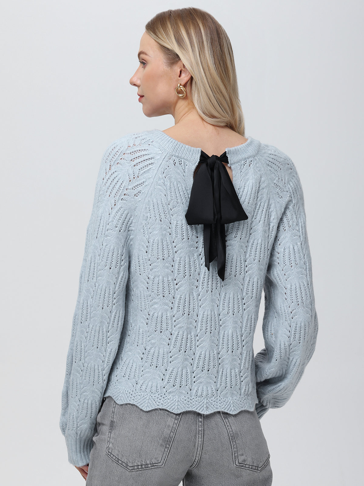 Athena Women's Pointelle Bow Back Sweater - Soft Knit Pullover for Casual Wear, Office & Date Nights | Elegant Lace Detail & Comfort Fit