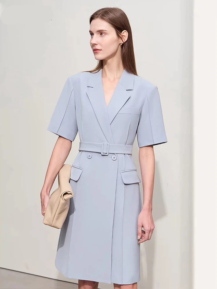 Elegant Minimalist Blazer Dress for Women - Spring New Turn Down Collar Belted Short Sleeve Pleated Dress | Office Wear, Cocktail Party, Business Casual Outfit