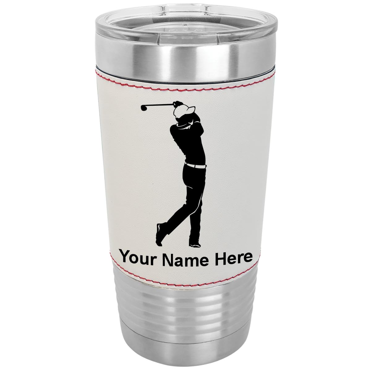 **20oz Vacuum Insulated Tumbler Mug with Personalized Engraving – LaserGram Golf & Baseball Design, Faux Leather Wrap – Perfect for Golfers, Sports Fans & Outdoor Activities**