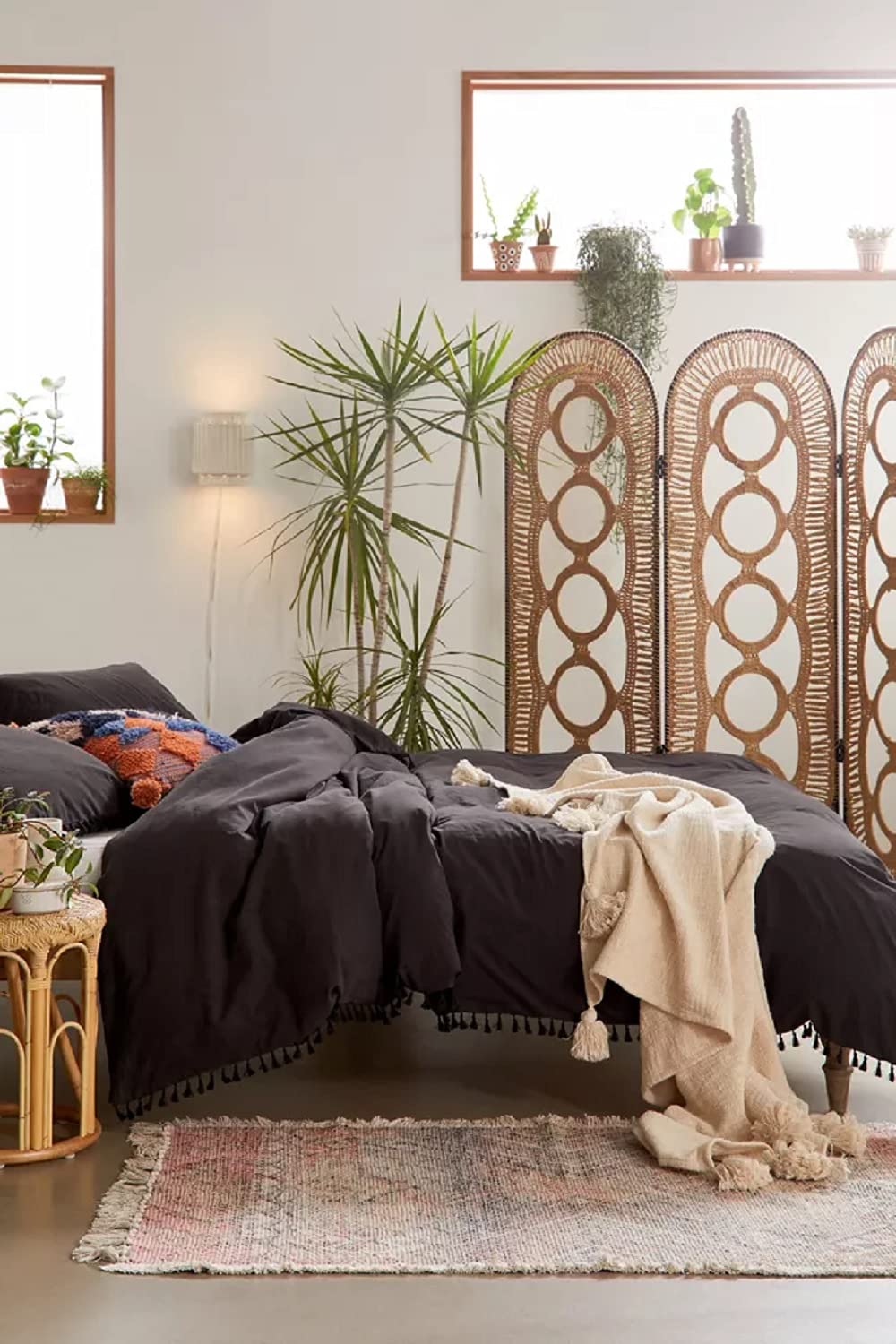 Black Stonewashed Cotton Tassel Duvet Cover Set - Queen/Full/King Size Bohemian Style Fringed Bedding for Cozy Bedroom Decor | Perfect for Master Bedroom, Guest Room & Boho Chic Home