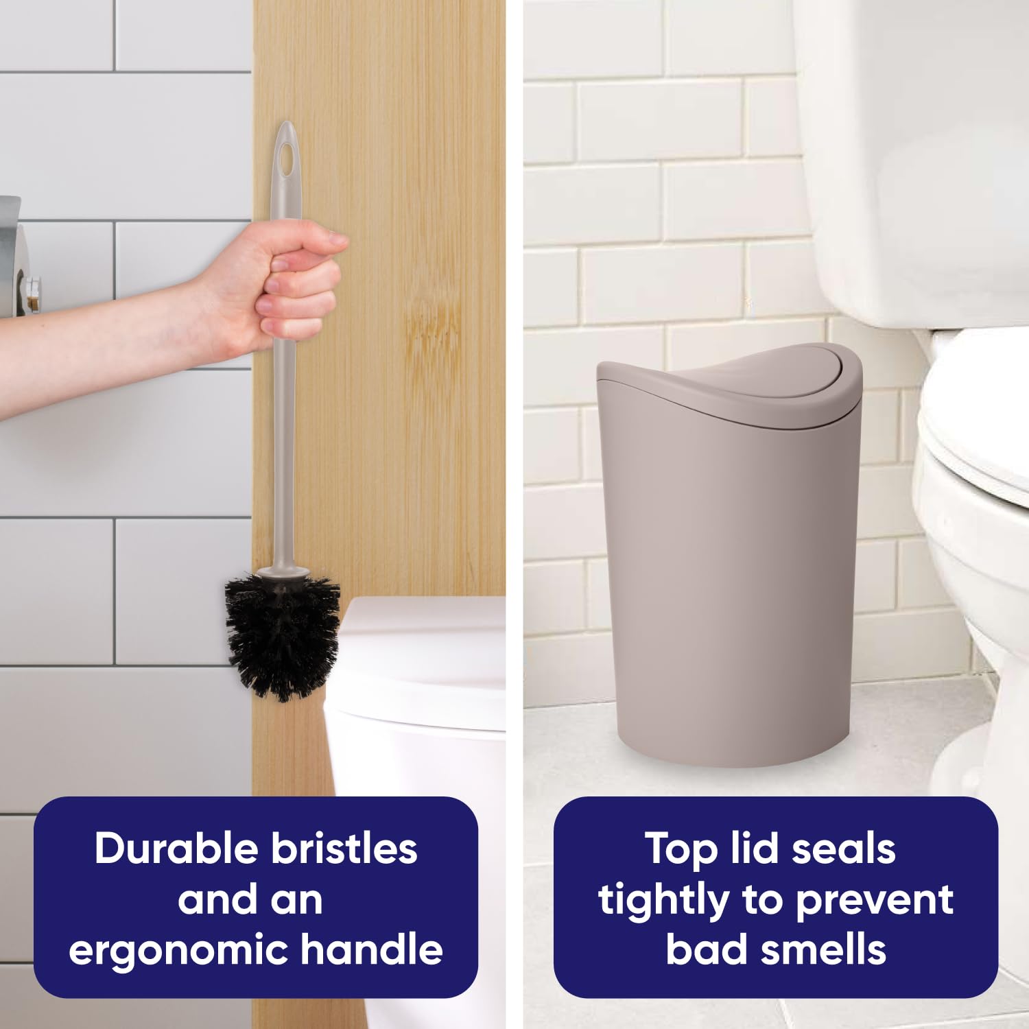 Premium 6L Modern Bathroom Trash Can with Swing Lid & Toilet Brush Set - Taupe Plastic Waste Basket & Bowl Cleaner | Bathroom Accessories for Home, Apartment & Office Use