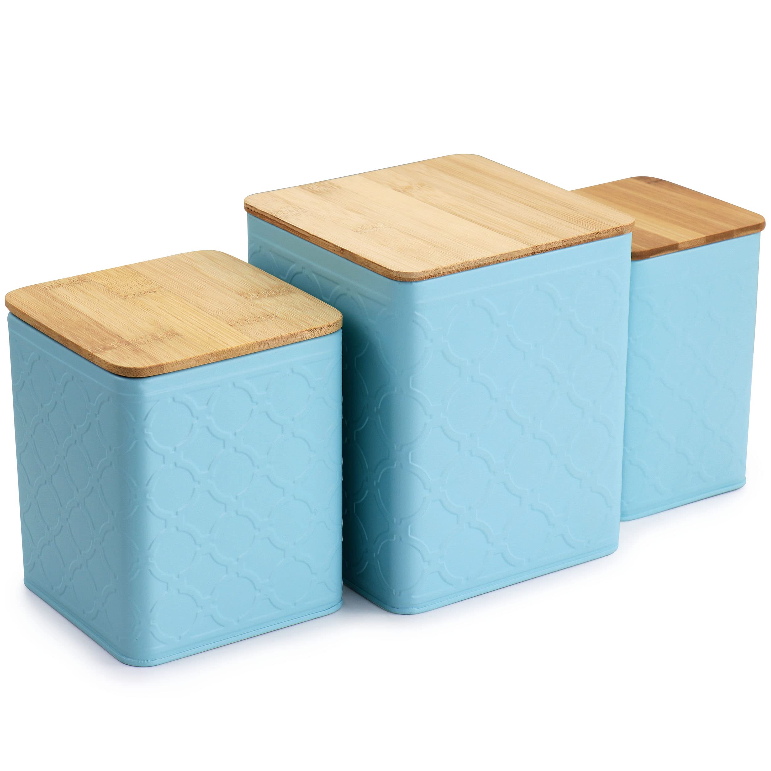 MegaChef 3-Piece Square Iron Canister Set - Airtight Kitchen Storage Containers for Flour, Sugar, Coffee & Tea | Turquoise Blue Pantry Organization for Countertop or Cabinet