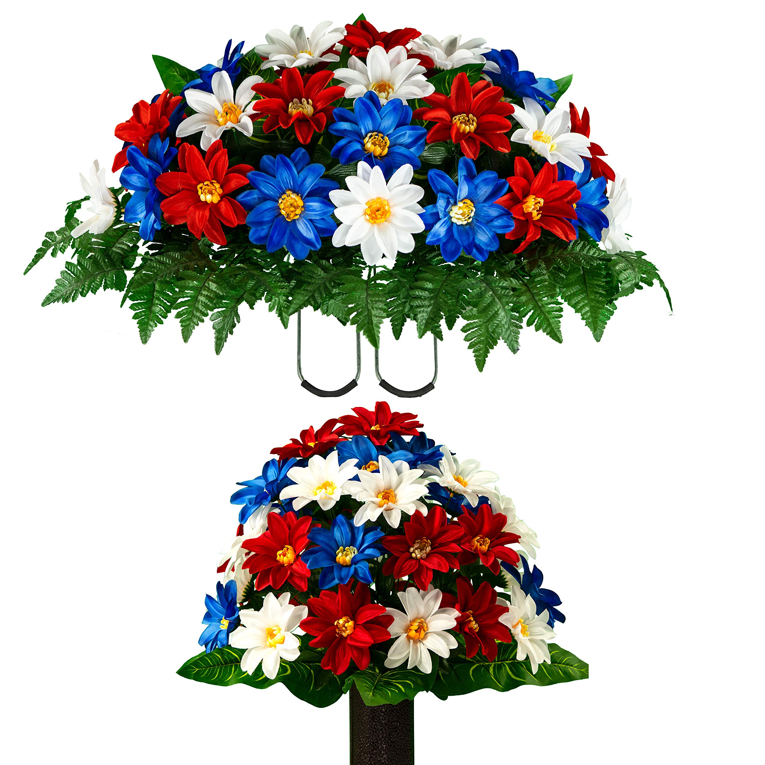 Realistic Sympathy Silks Artificial Cemetery Flowers - Non-Bleed Outdoor Grave Decorations - Red White & Blue Dahlia Bouquet with Matching Headstone Saddle - Perfect for Memorials, Gravesites & Funeral Arrangements