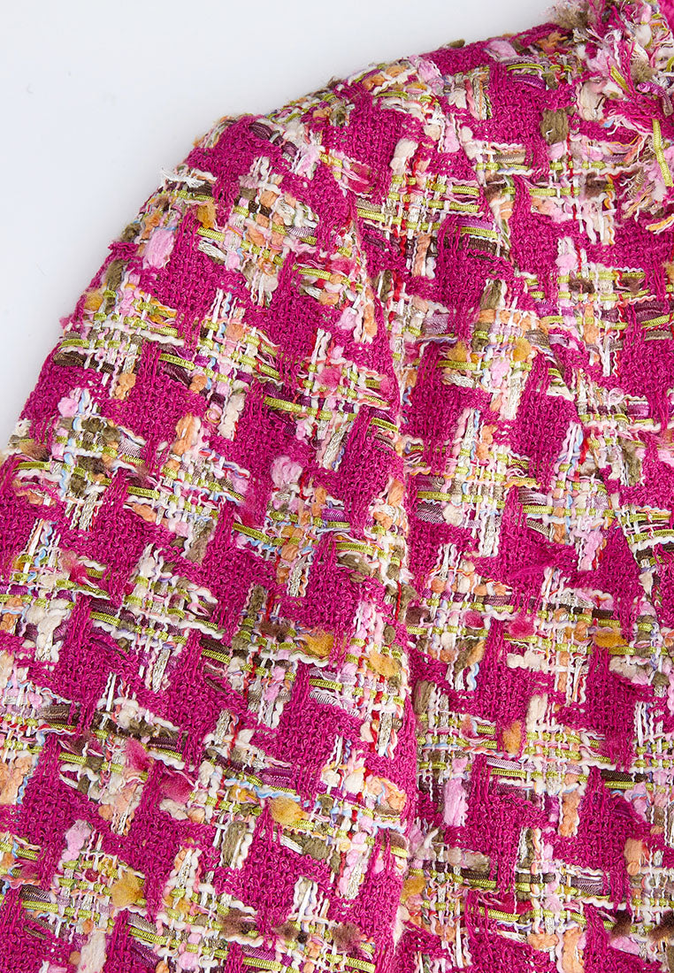 Fuchsia Houndstooth Embellished Dress with Frayed Trim - Women's Elegant Party Cocktail Dress for Evening Events & Special Occasions