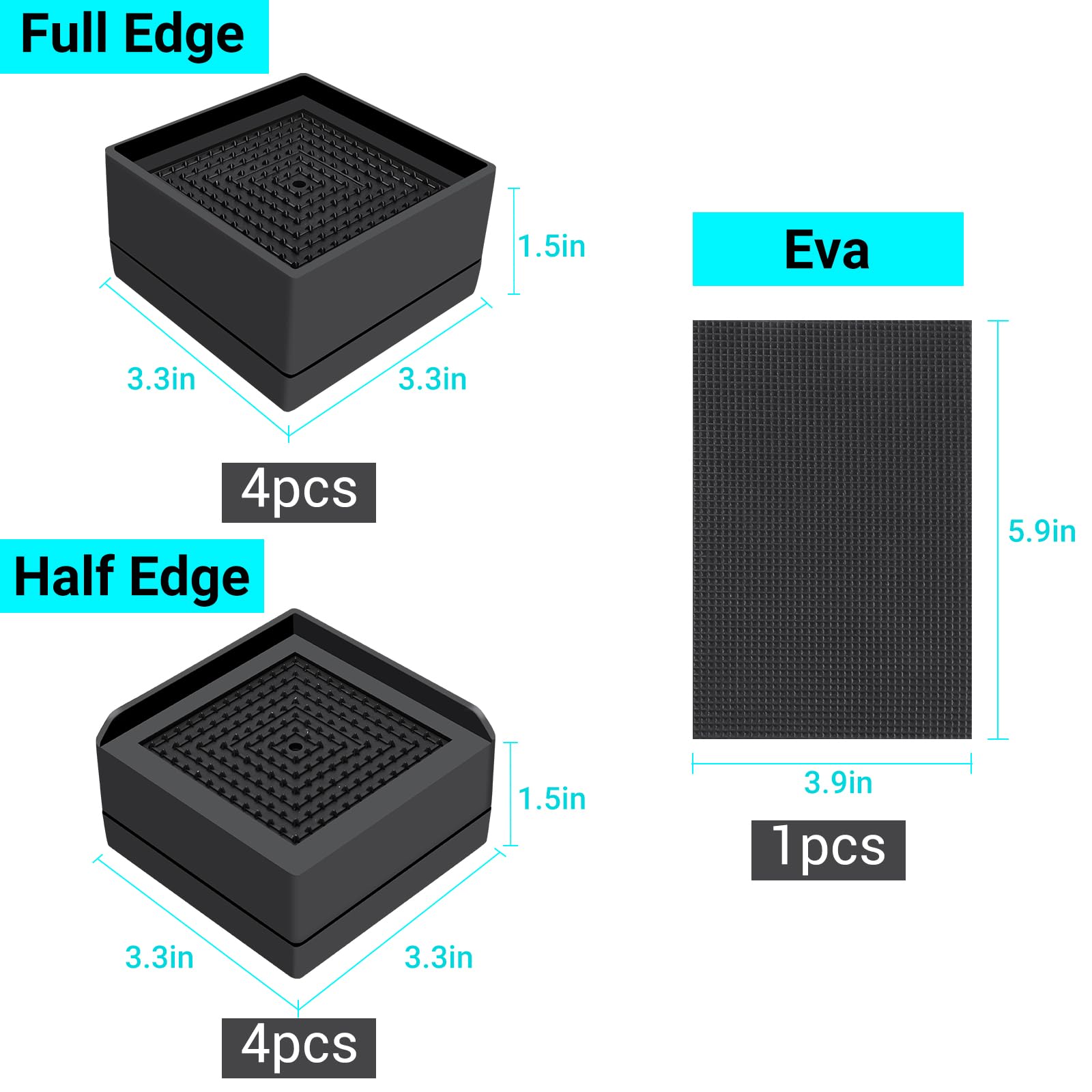 8 Pack Heavy Duty Adjustable Plastic Bed Risers - 2 or 4 Inch Furniture Risers with Non-Slip Mats for Bed, Desk, Sofa - Perfect for Dorm Rooms, Home Office & Small Space Furniture Elevation