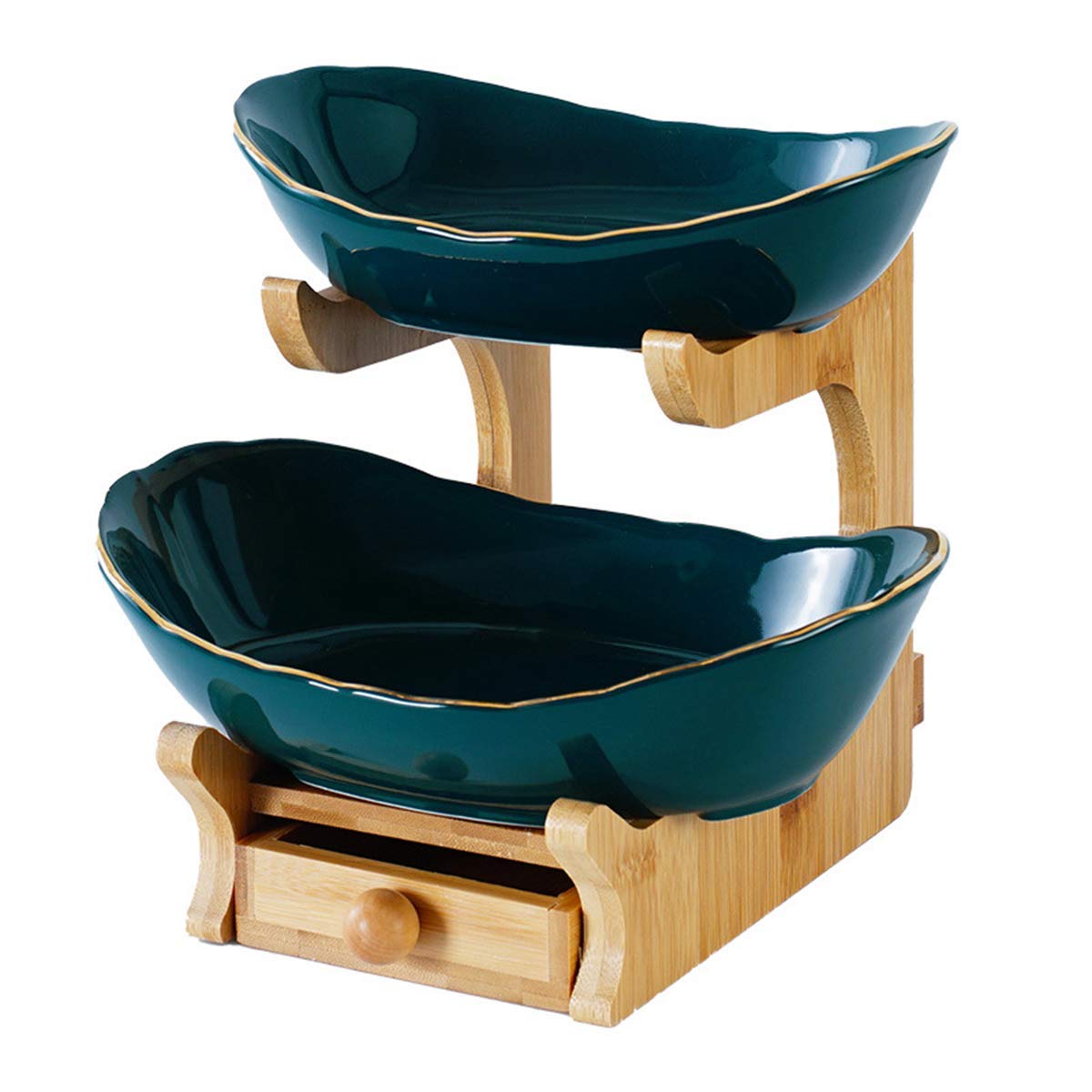 2-Tier Bamboo Ceramic Fruit Basket Set - Dark Green Decorative Serving Bowls for Coffee Table, Kitchen Countertop & Dining Room Display - Perfect for Organizing Fruits, Snacks & Home Decor