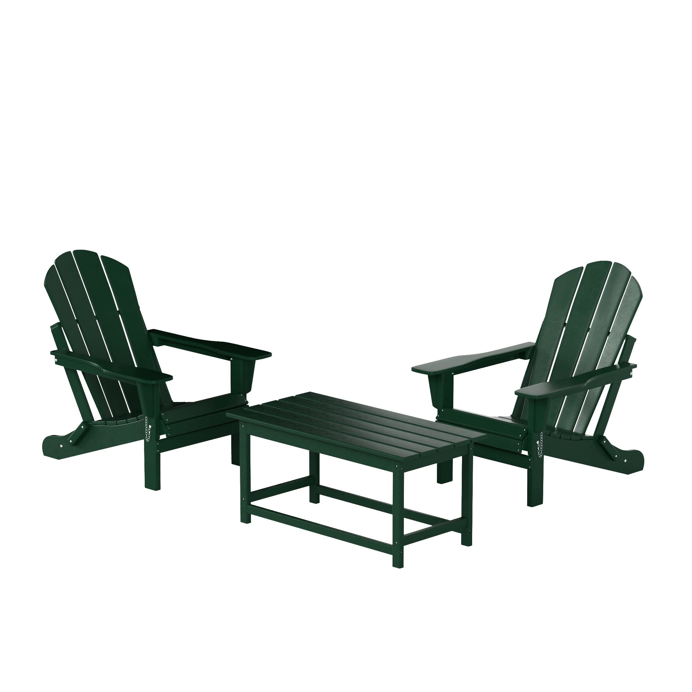WO Home Furniture 3-Piece Adirondack Chair Set with Coffee Table - Outdoor Folding Chairs Weatherproof & UV Resistant for Lawn, Garden, Patio, Bonfire, Balcony (Dark Green) - Perfect for Backyard Relaxation & Outdoor Entertaining