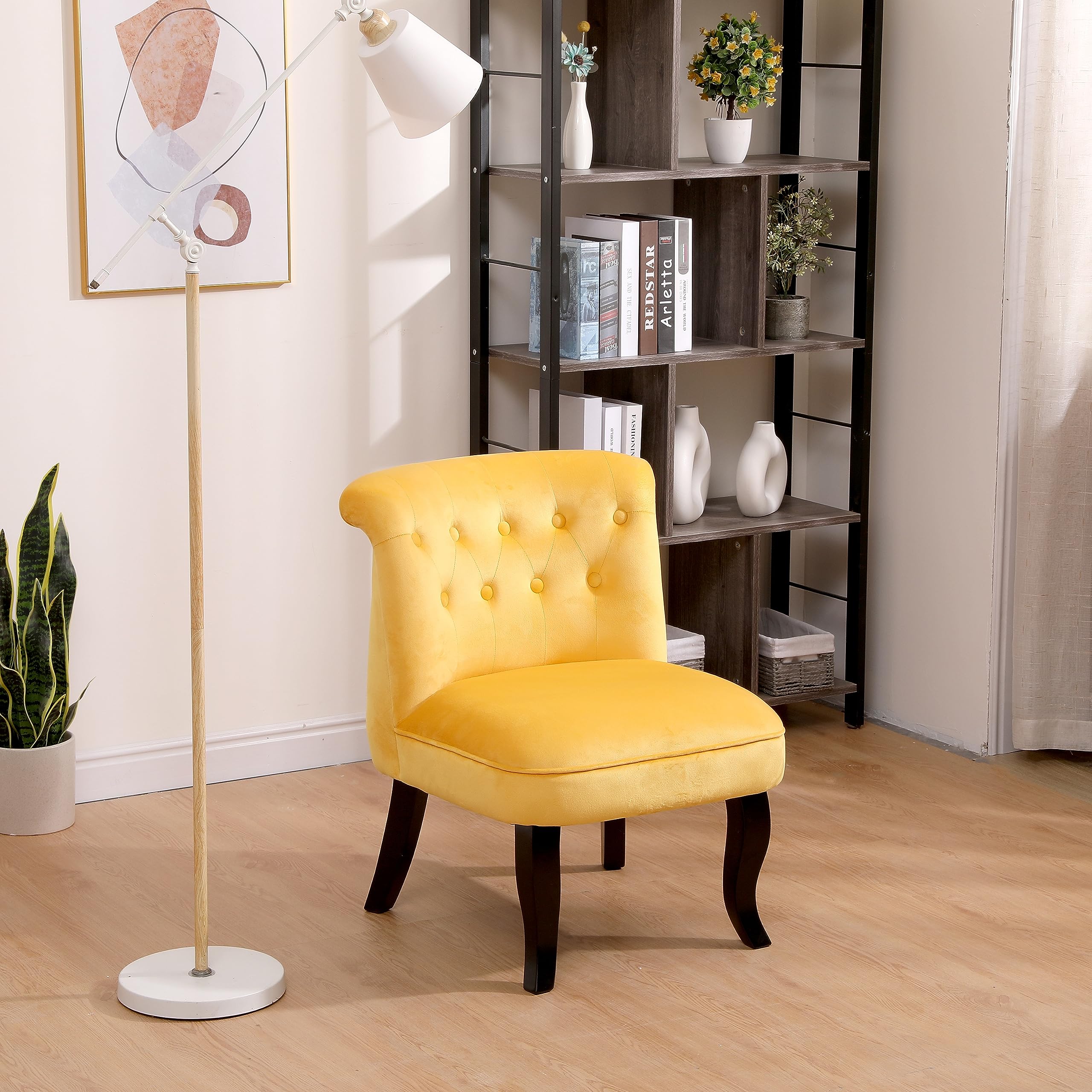 Yellow Velvet Accent Chair - Sturdy Wood Frame Armchair for Living Room & Bedroom