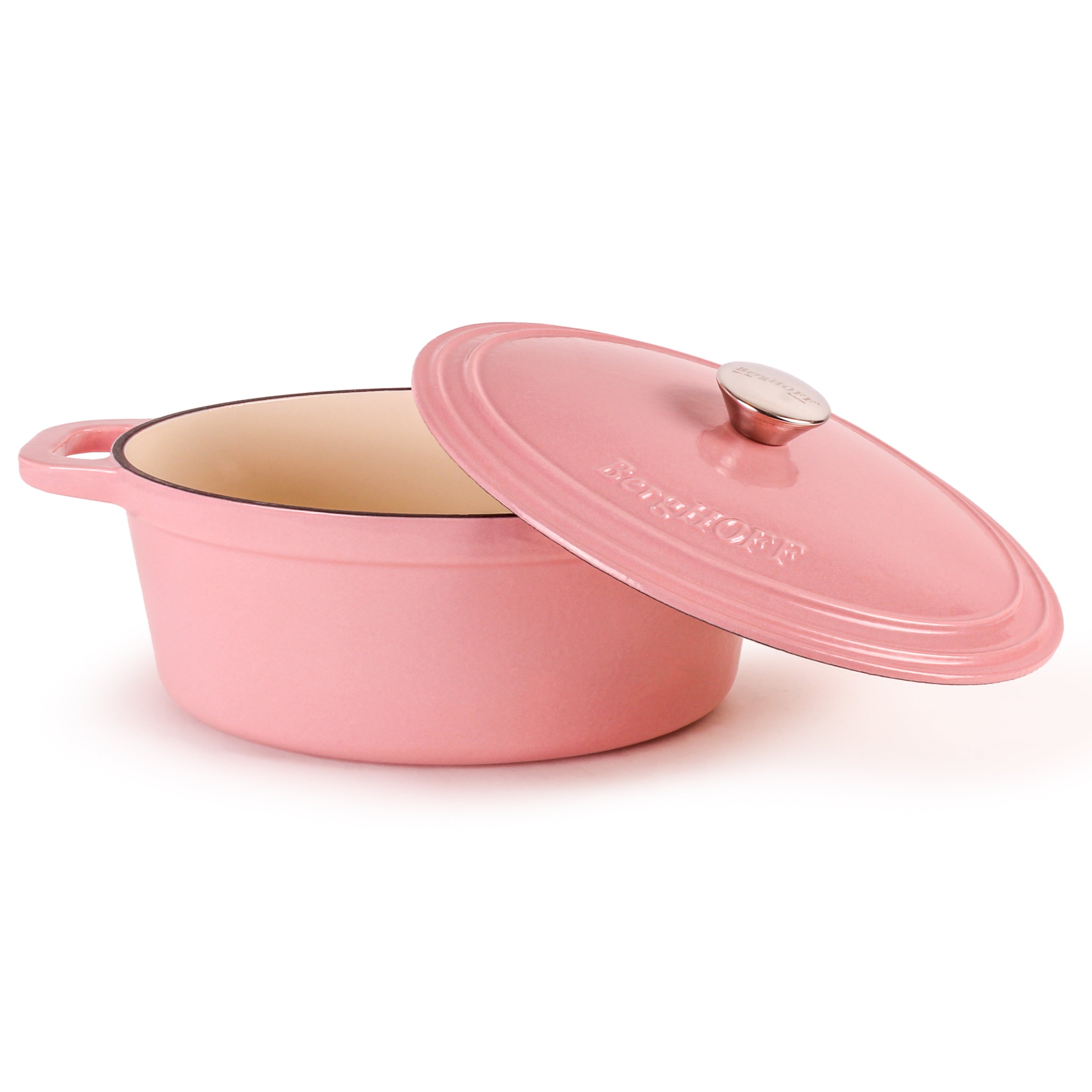 BergHOFF Neo 4-Piece Cast Iron Cookware Set - Grill Pan, Fry Pan & Oval Dutch Oven, Pink | Durable Non-Stick Kitchenware for Grilling, Frying & Braising | Perfect for Home Cooking, Camping & Outdoor BBQ