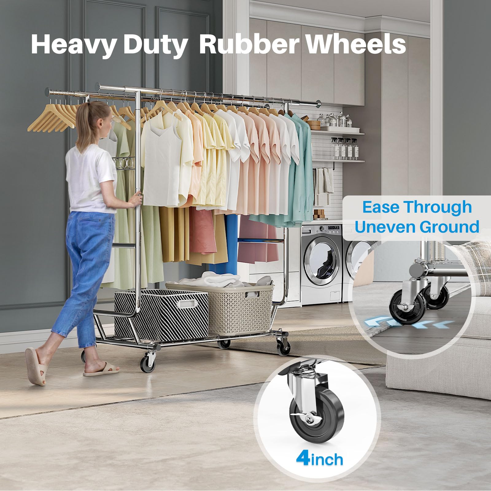 HOKEEPER Heavy Duty Collapsible Garment Rack with Wheels - Double Rod Clothes Hanging Rack with Shelves | Portable Commercial Clothing Rack for Retail Stores, Boutiques, Laundry Rooms & Home Organization